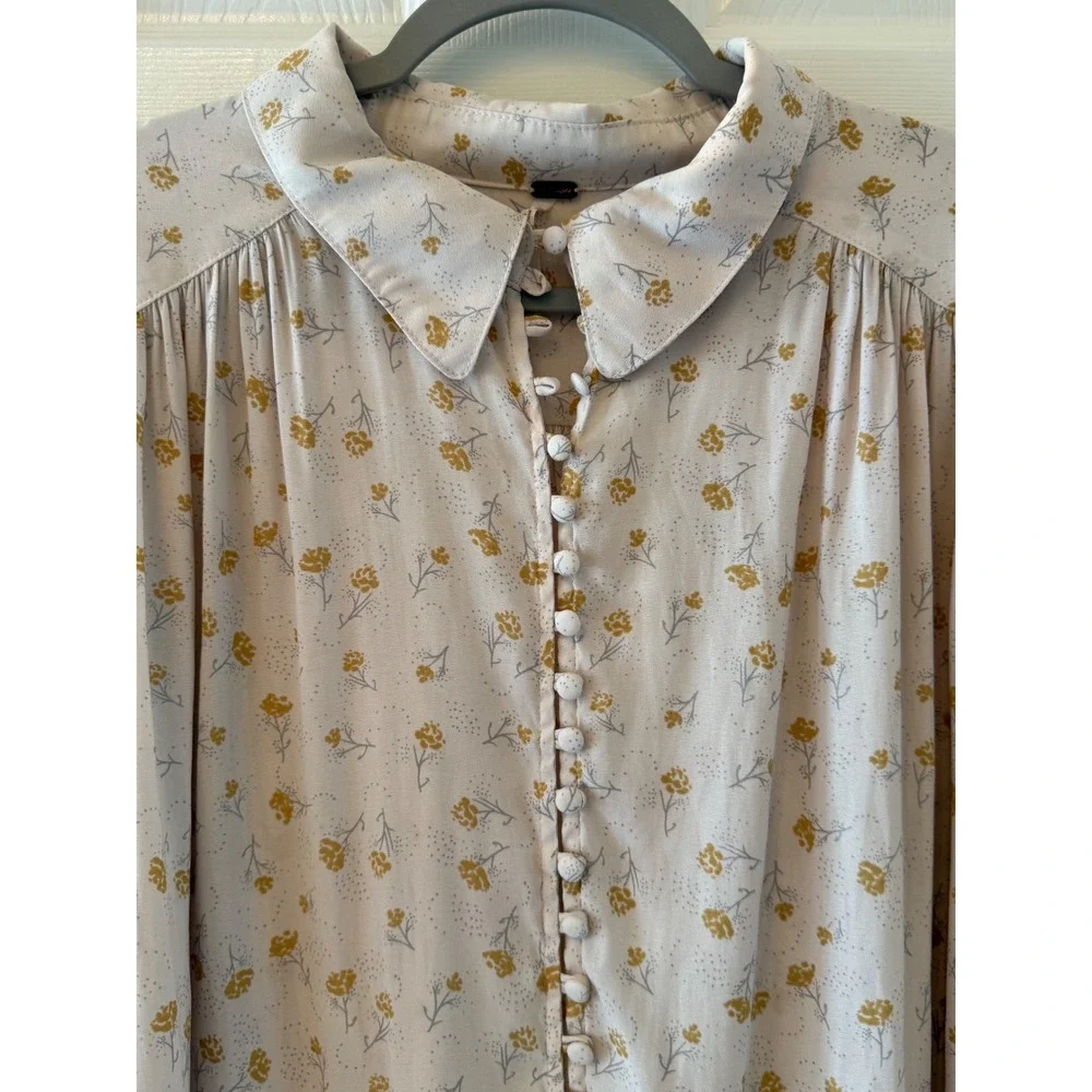 Free People Floral Print Button Front Blouse Top Beige Yellow Size L - Picture 3 of 9